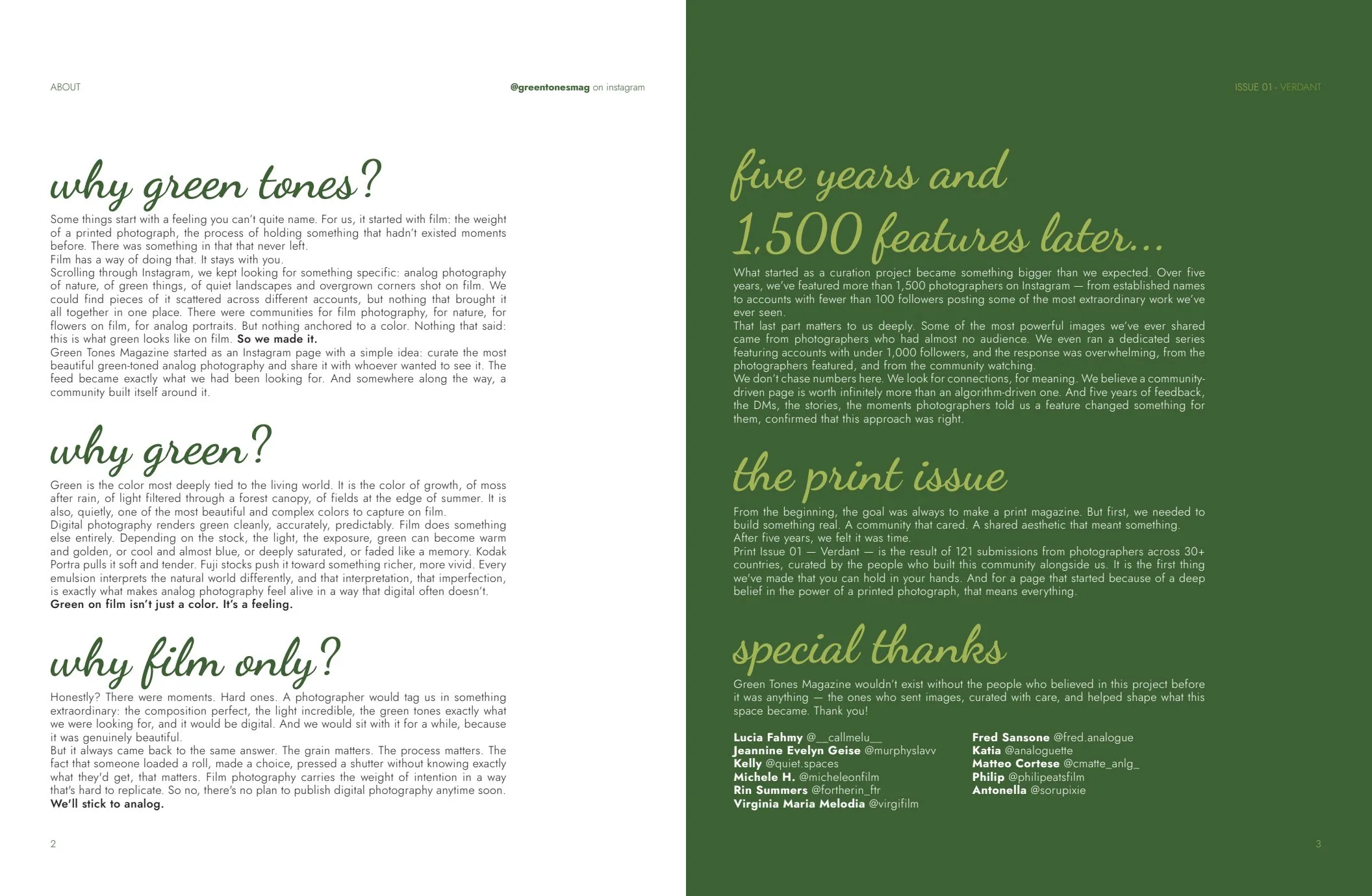 The editorial opener: three questions in a narrow left column, the flat green arriving only on the even page.